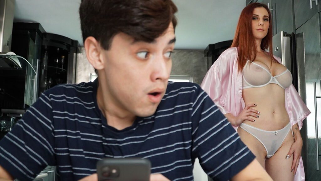 Mom in sexy lingerie catches stepson spying on her and rides his big cock