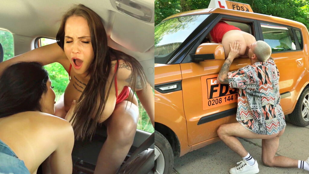 Driving instructor initiates a threesome with her student and his busty girlfriend