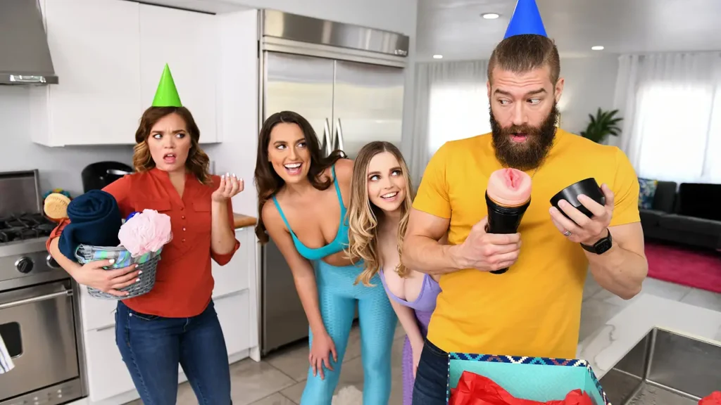 Two busty naked girls, a double facial and cumswap make out… best birthday ever!