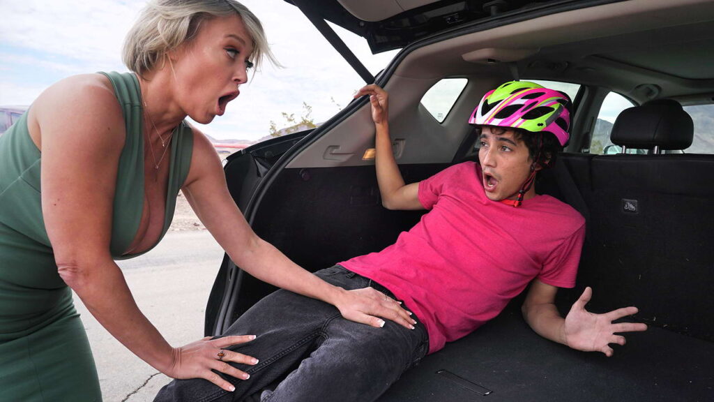Busty MILF runs a younger guy over and repays by fucking him hard