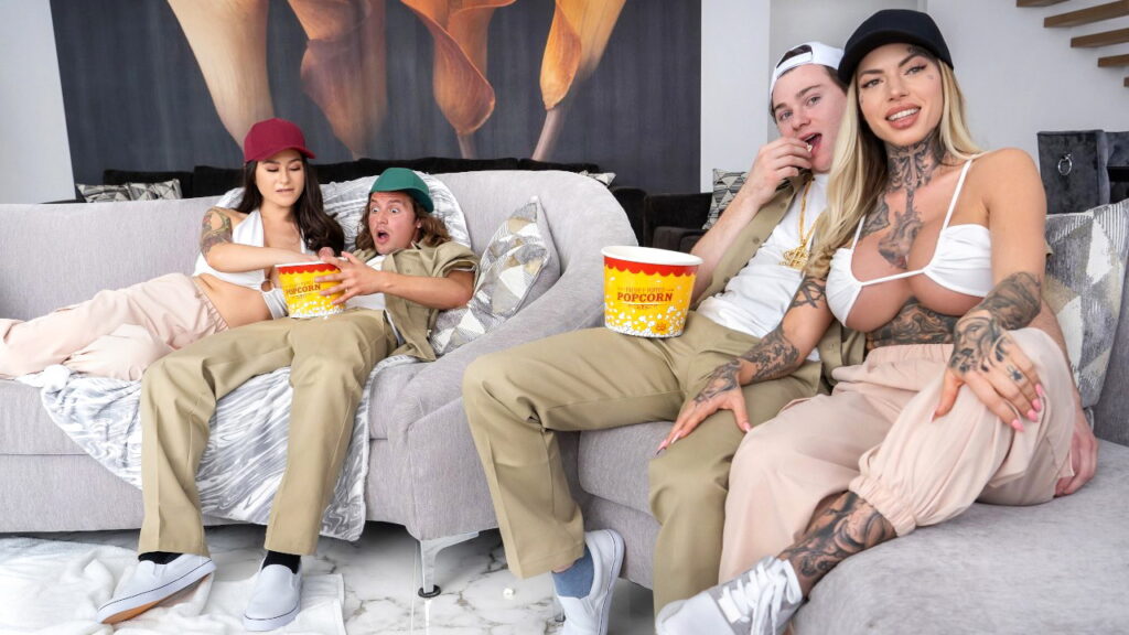 Movie night turns into group sex with two horny couples