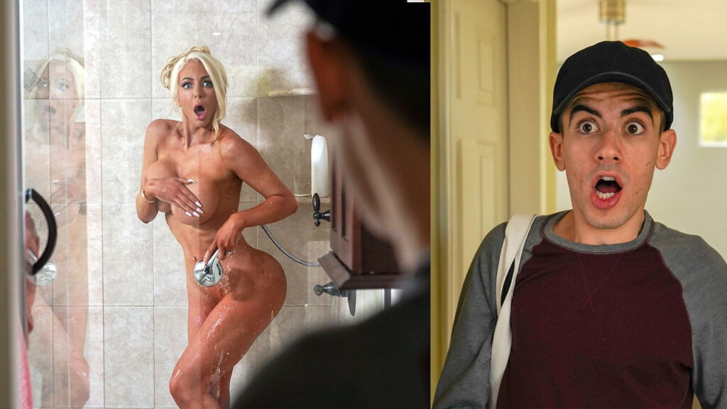 Beautiful naked woman seduced a paperboy after she caught him in her shower